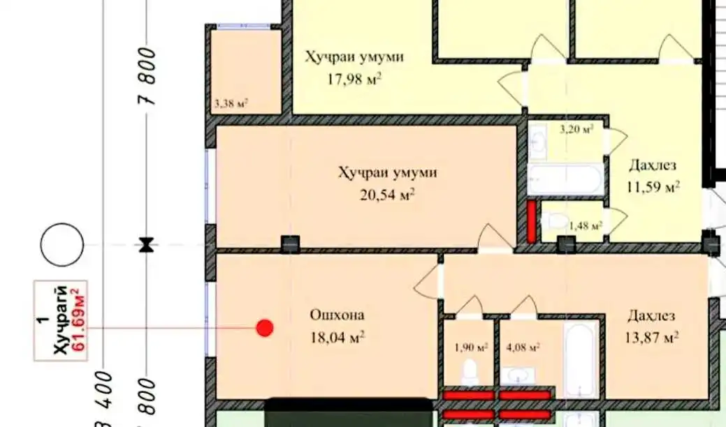 1-к квартира, 10 этаж, 62 м², Сино