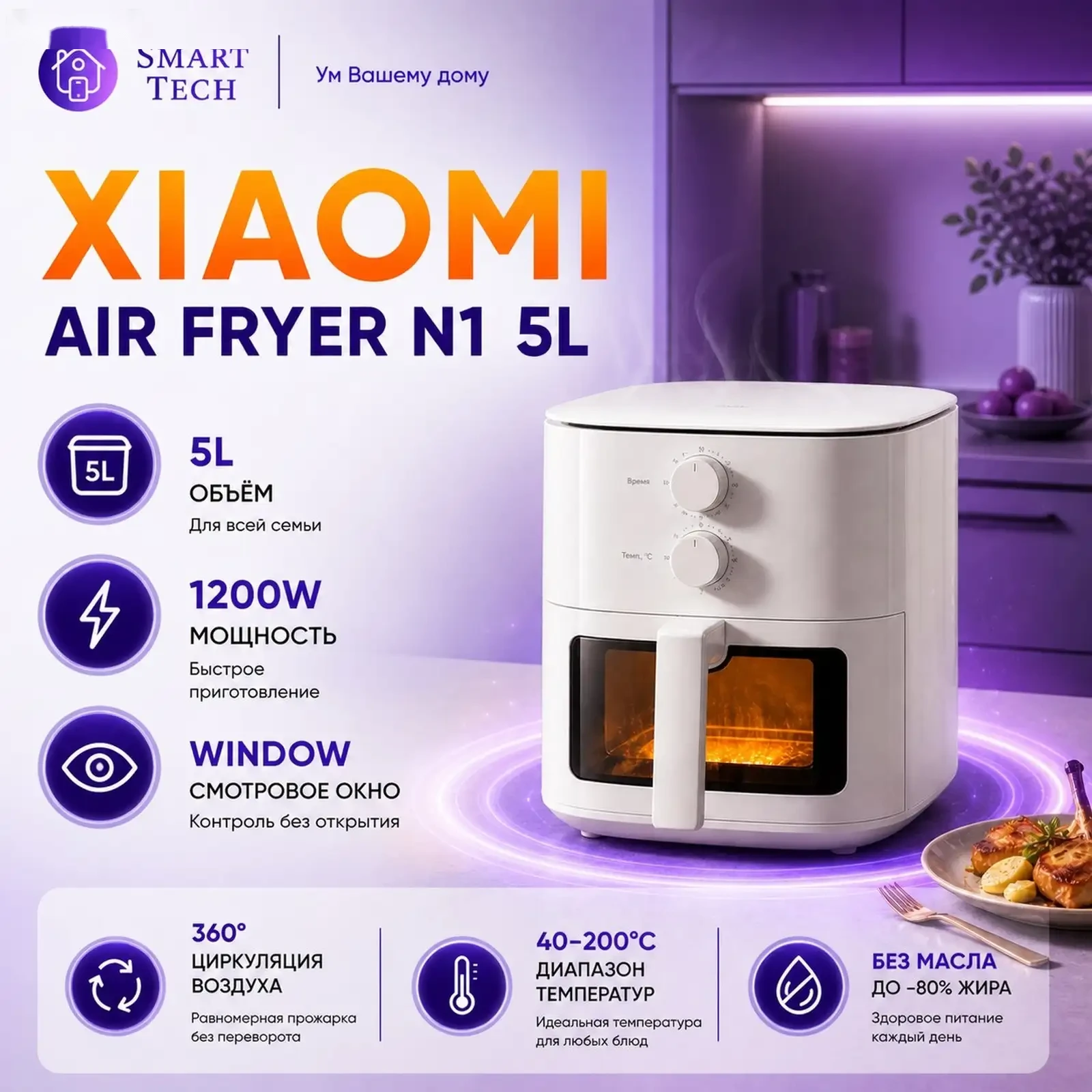 Аэрогриль аэрофритюрница Xiaomi Mijia Smart Air Fryer N1 5L — фото 3
