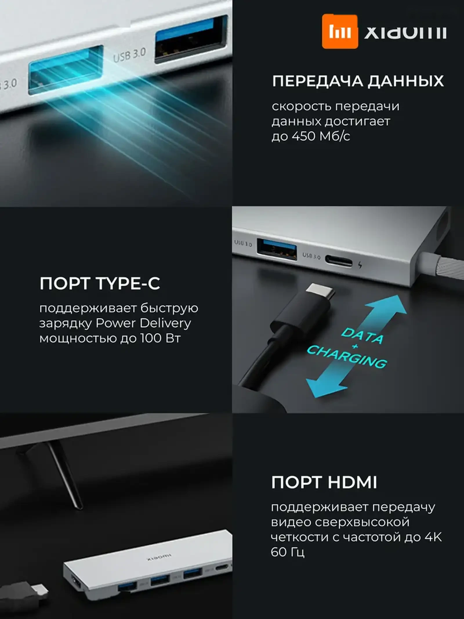 Хаб-разветвитель Xiaomi 5 в 1 Type-C / USB 3.0 / HDMI 4K / PD 100W
