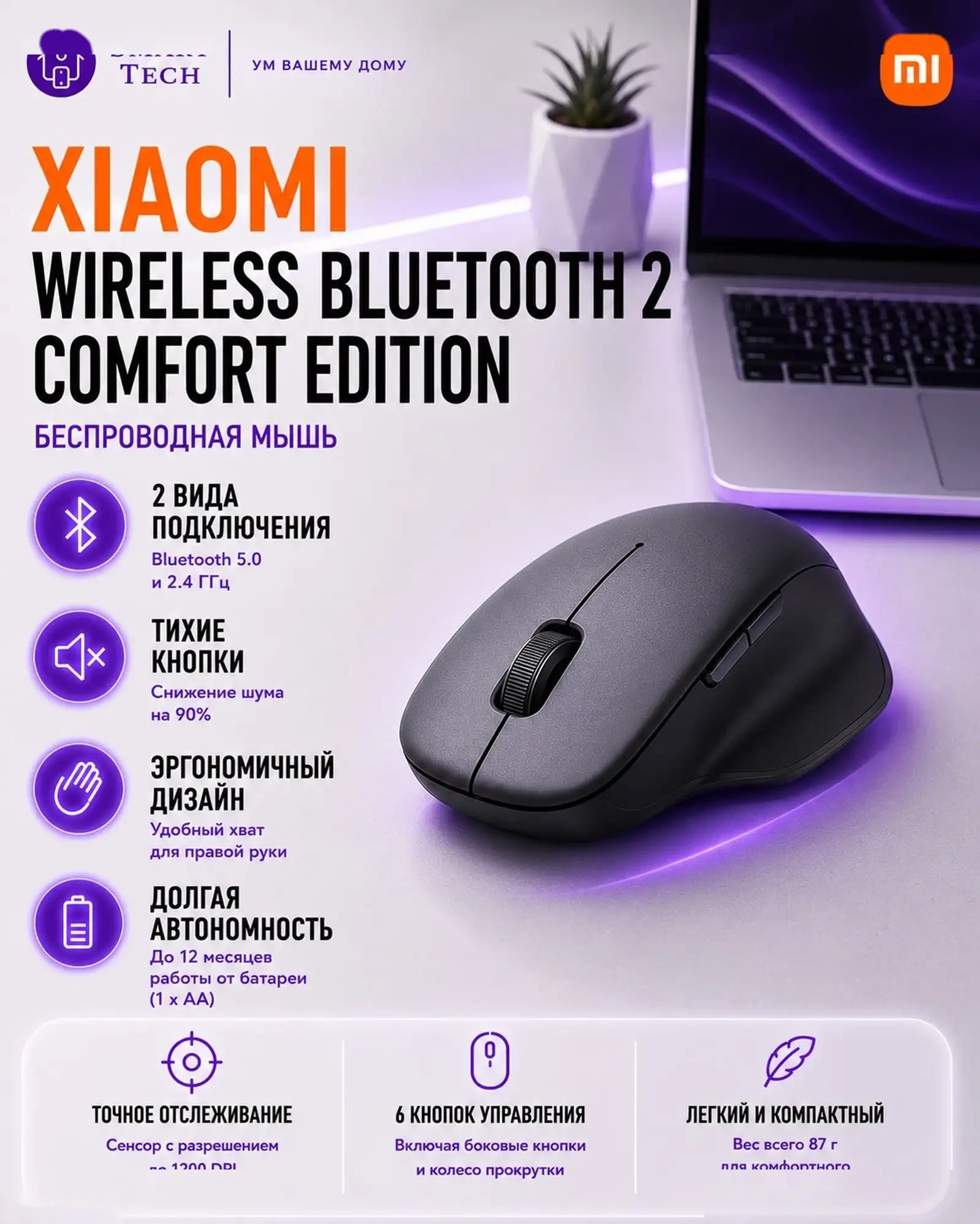 Беспроводная мышь Xiaomi Wireless Portable Dual Mode Mouse 2