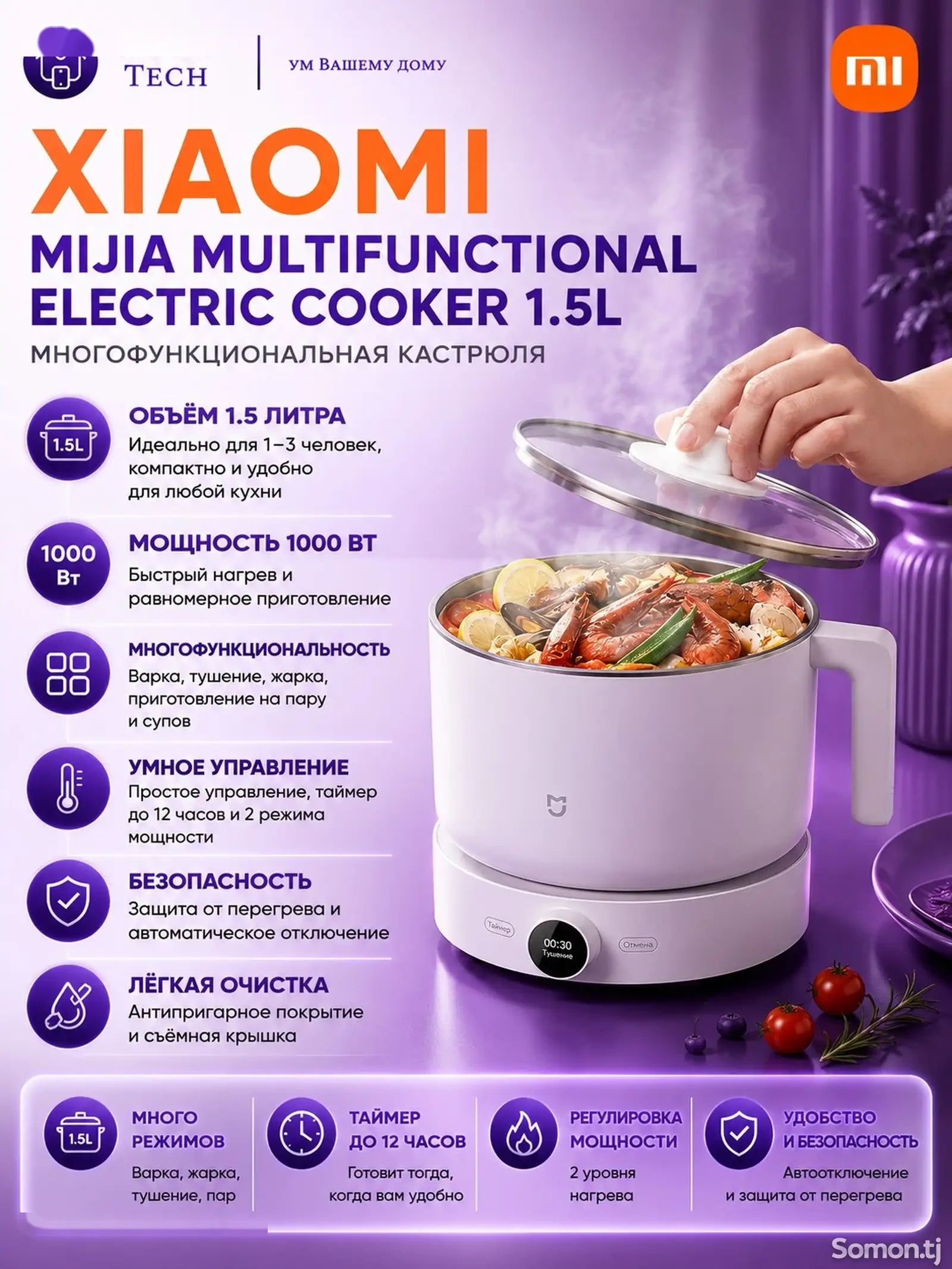 Многофункциональная кастрюля-пароварка Mijia 1,5 литра