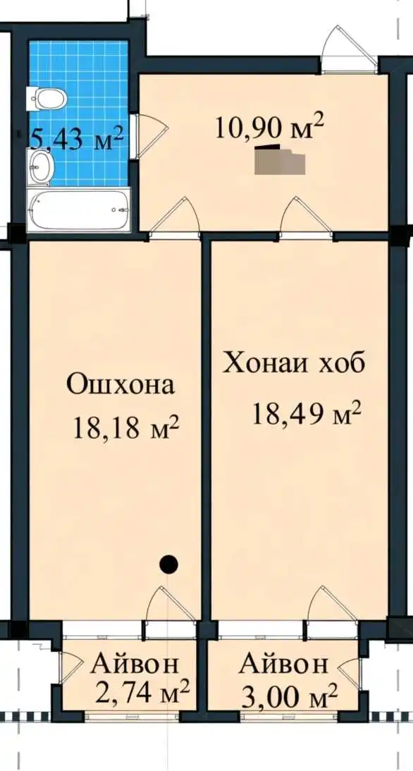 1-к квартира, 10 этаж, 57 м², Шохмансур