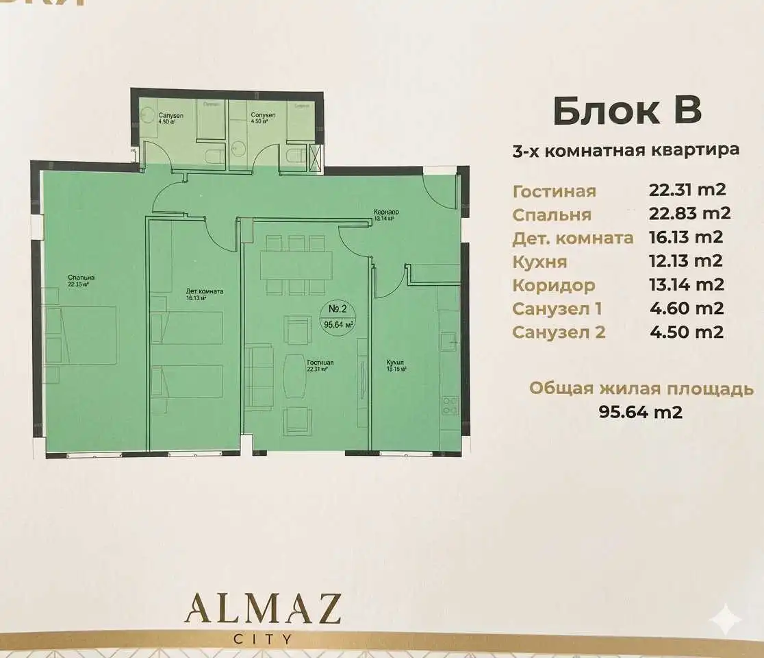 3-к квартира, 10 этаж, 96 м², Шохмансур