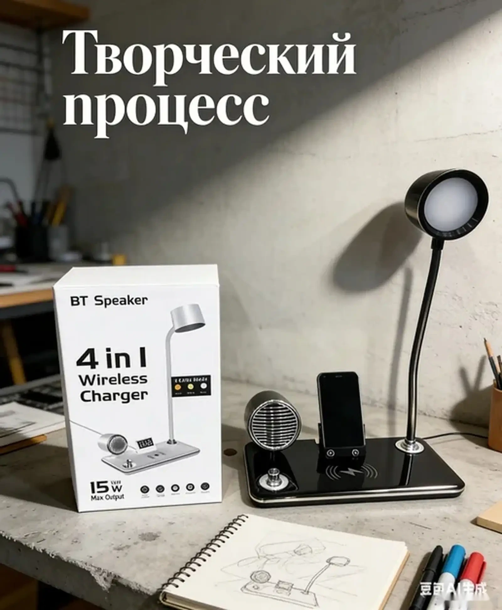 Настольная лампа 4-в-1 защита зрения + беспроводная зарядка + часы + Bluetooth