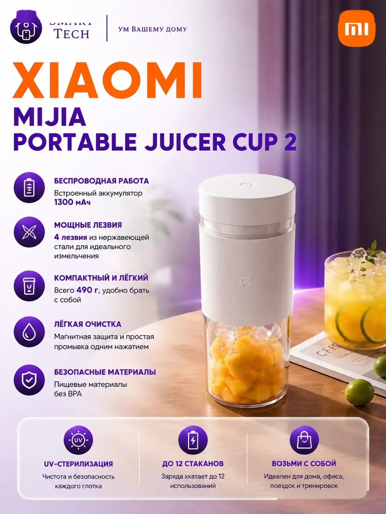 Портативный блендер Xiaomi Mijia Portable Juicer Cup 2 — фото 8