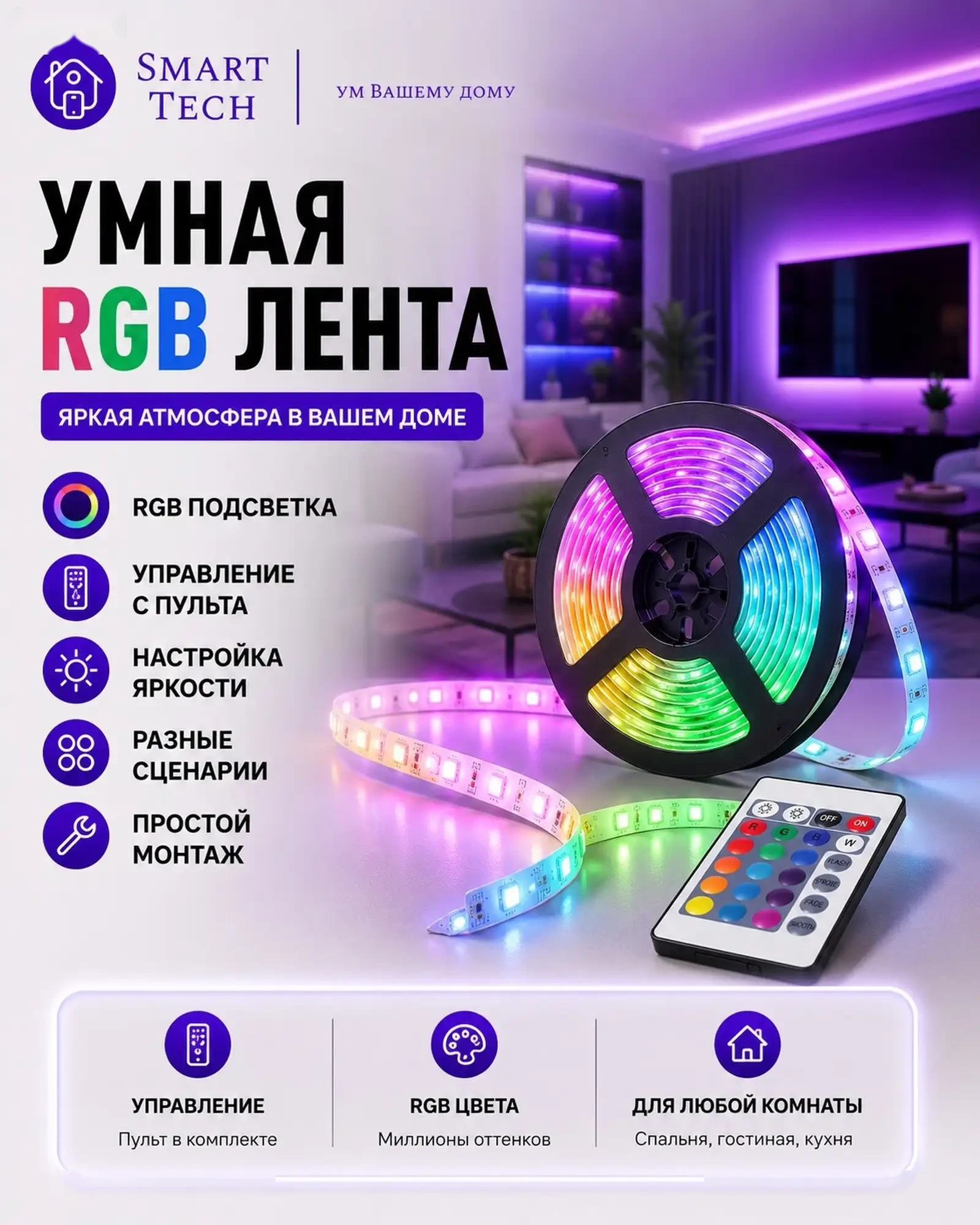 Умная светодиодная лента RGB с пультом — фото 3