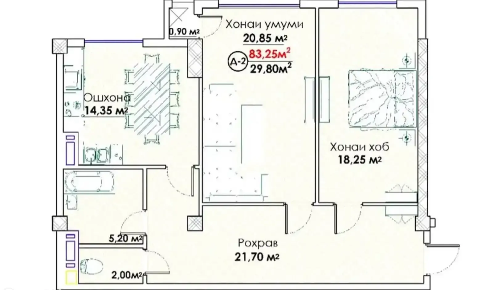 2-комн. квартира, 11 этаж, 85 м², Исмоили Сомони