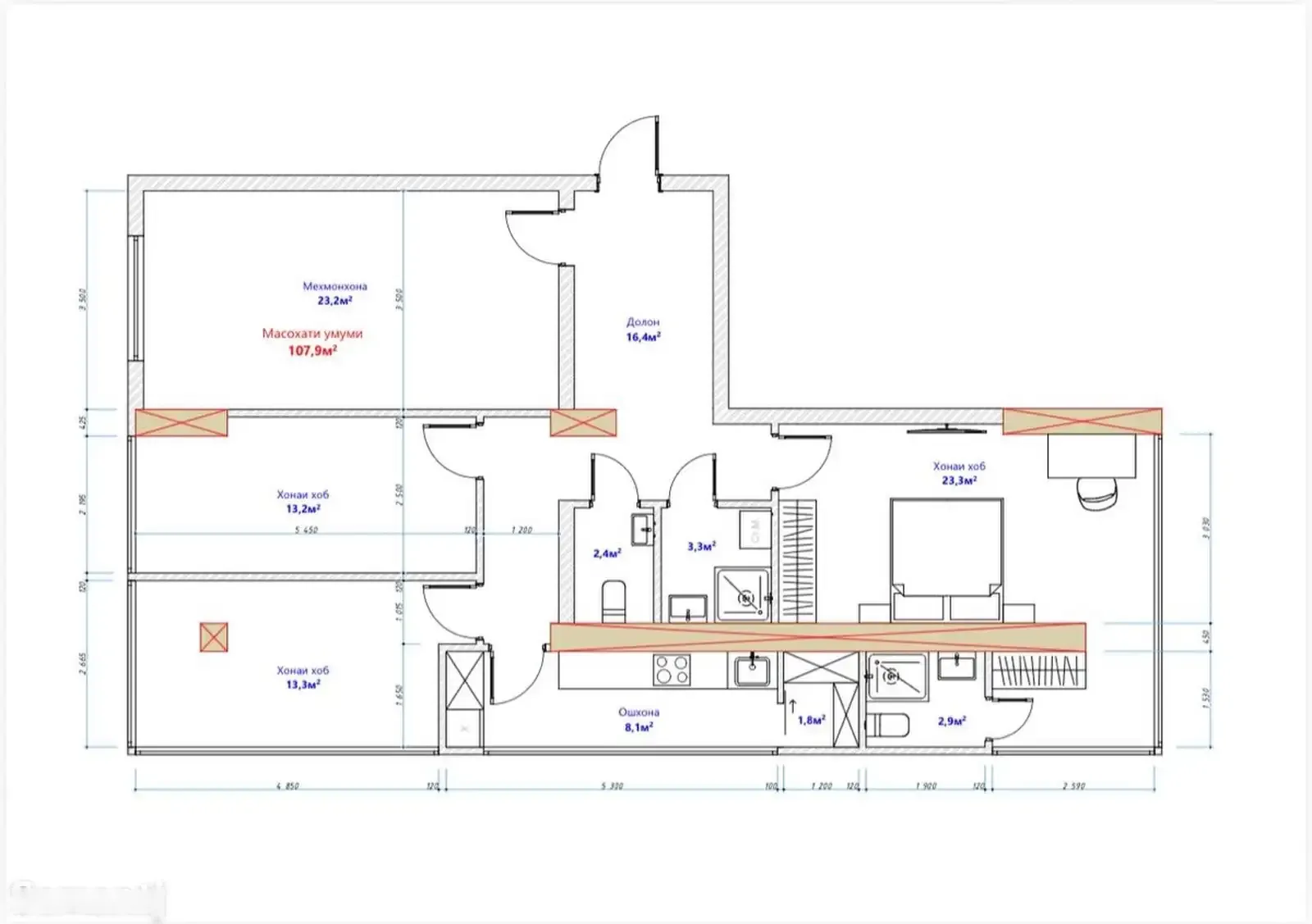 4-комн. квартира, 9 этаж, 107 м², Сомони