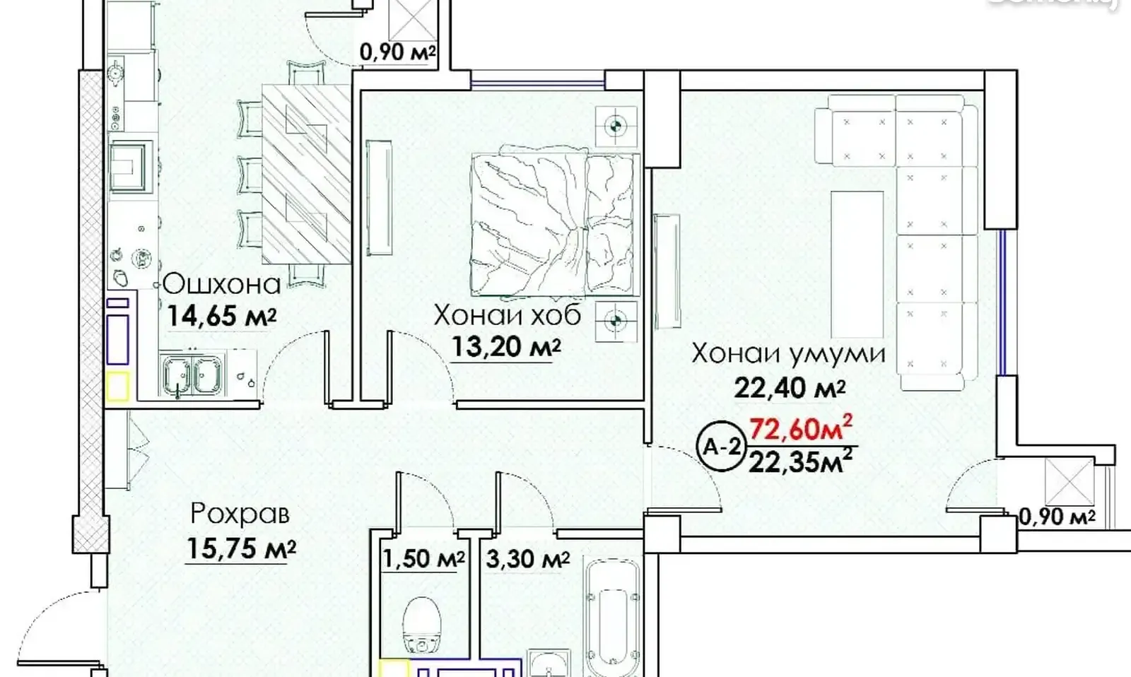 2-к квартира, 12 этаж, 73 м², Сомони