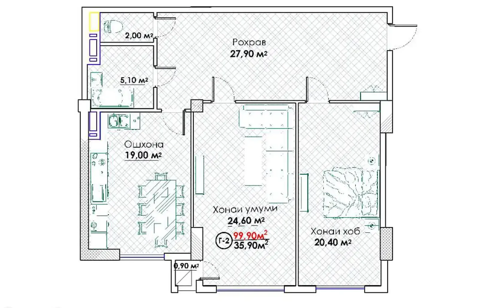 2-комн. квартира, 11 этаж, 99 м², И Сомони
