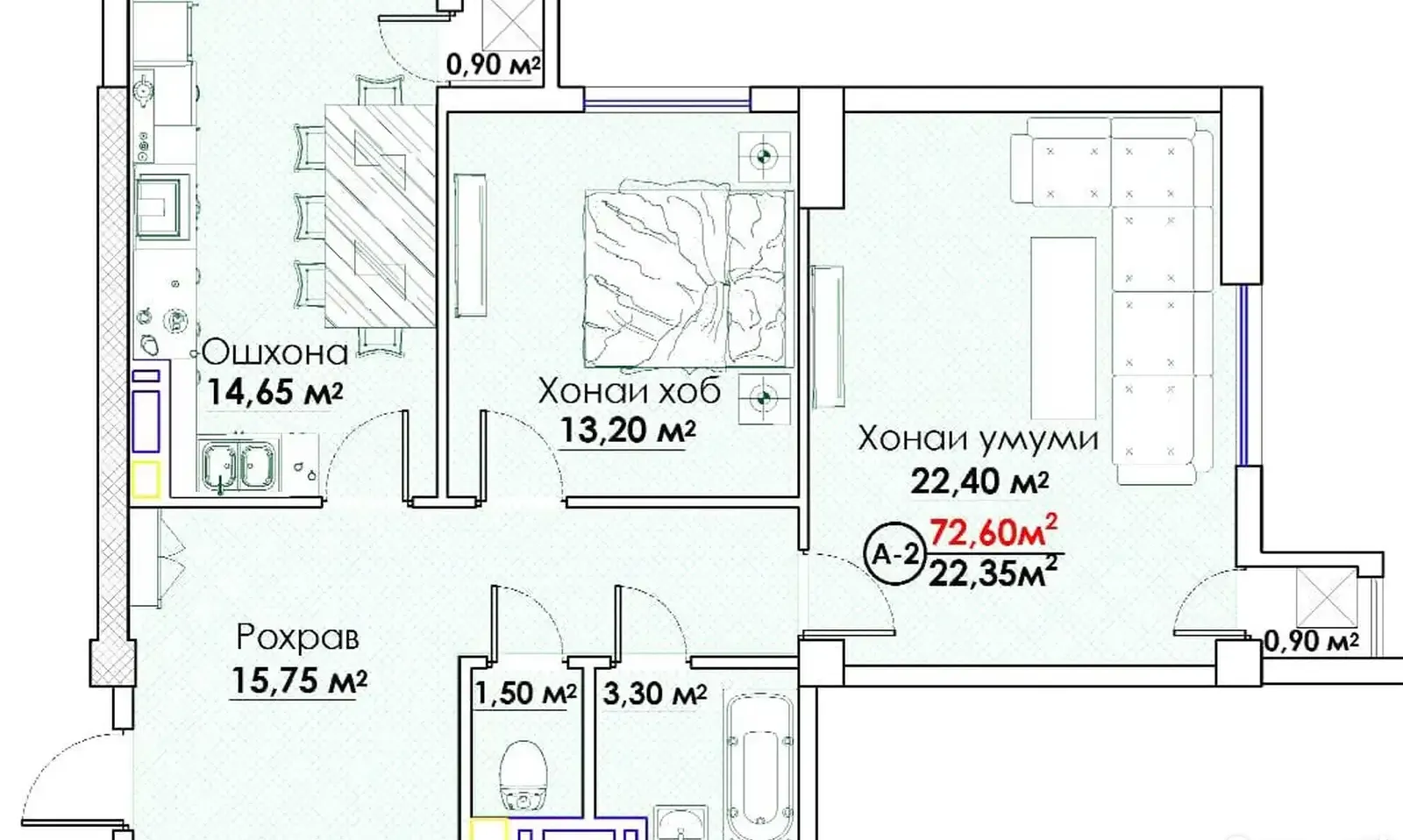2-комн. квартира, 12 этаж, 73 м², Исмоили сомони
