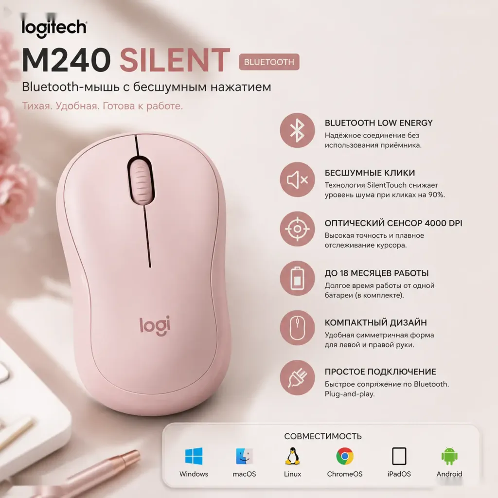 Беспроводная мышь Logitech M240 Silent Bluetooth Mouse Rose