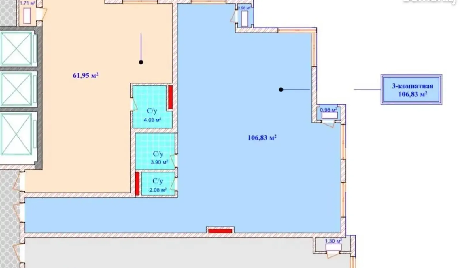 3-комн. квартира, 13 этаж, 107 м², шохмансур