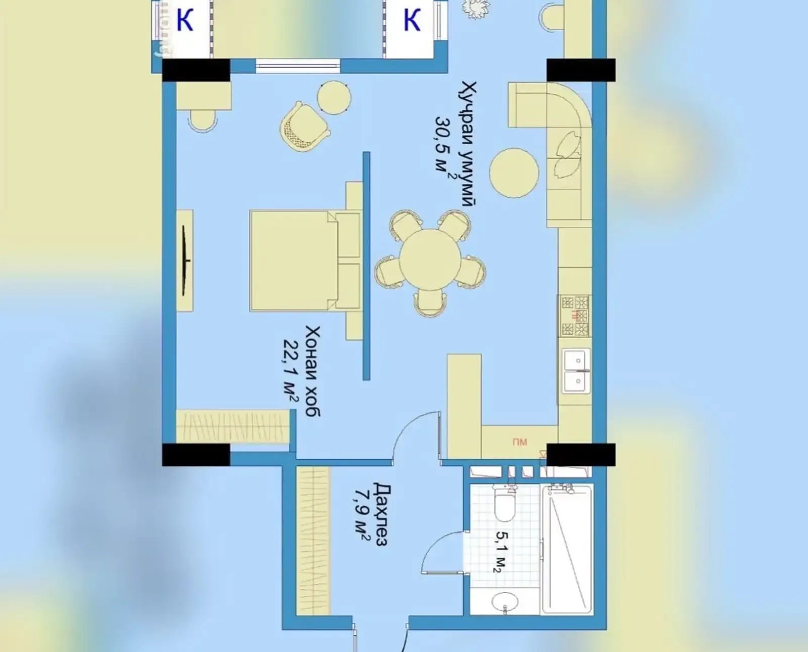 2-комн. квартира, 5 этаж, 66 м², Сомони, Бурак