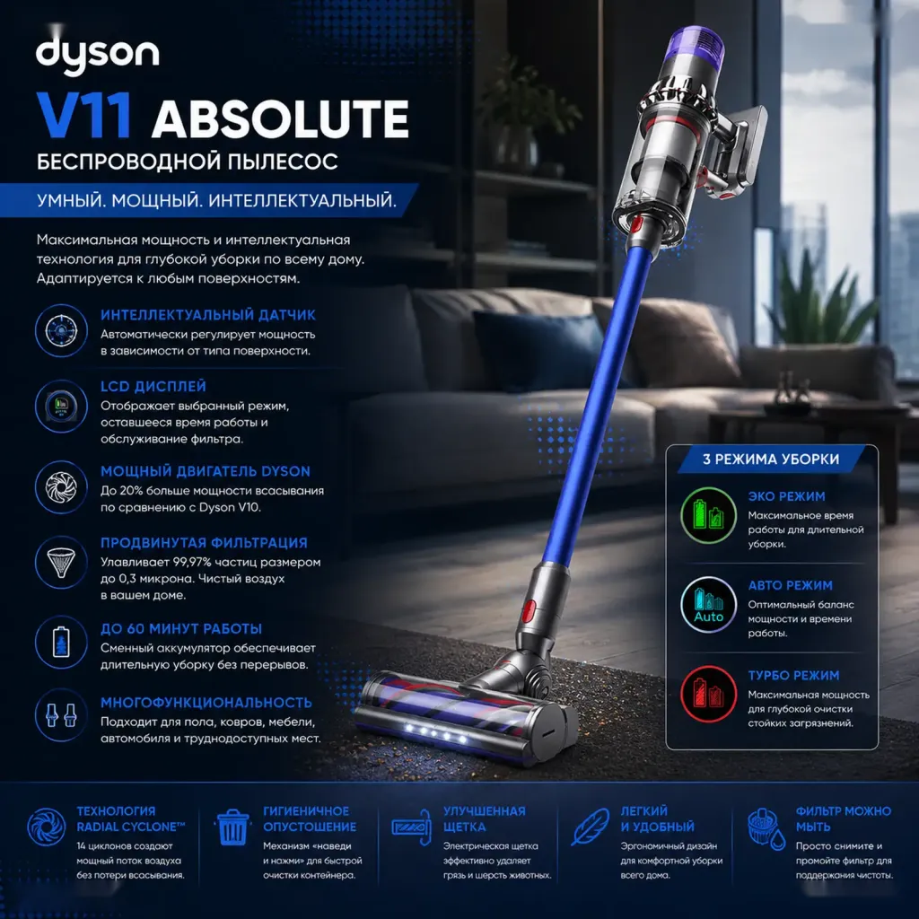 Беспроводной пылесос Dyson V11 Absolute с LCD-дисплеем Blue, India Version