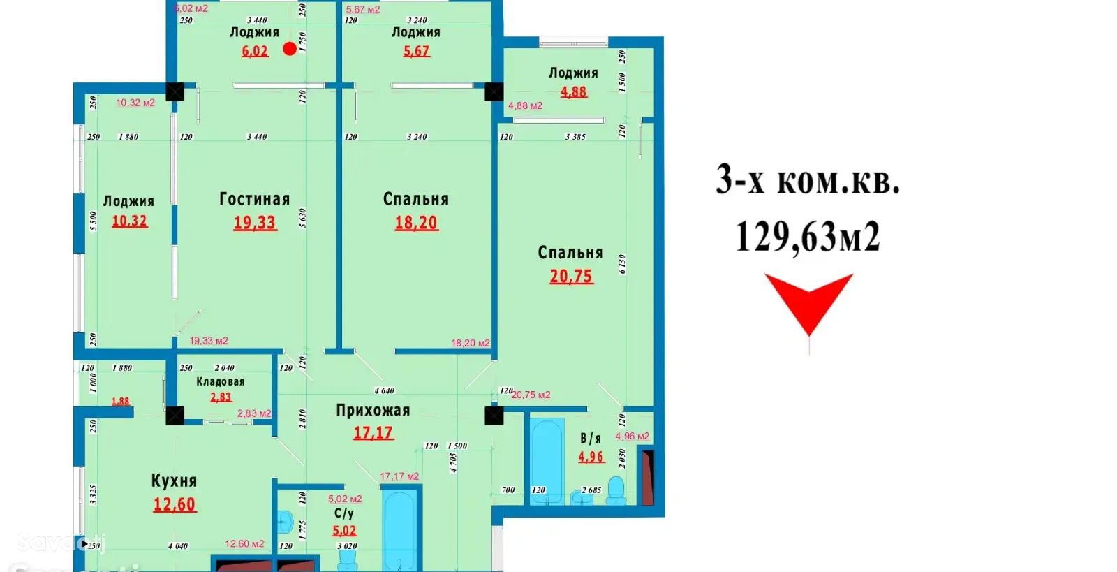 3-комн. квартира, 16 этаж, 130 м², Корвон