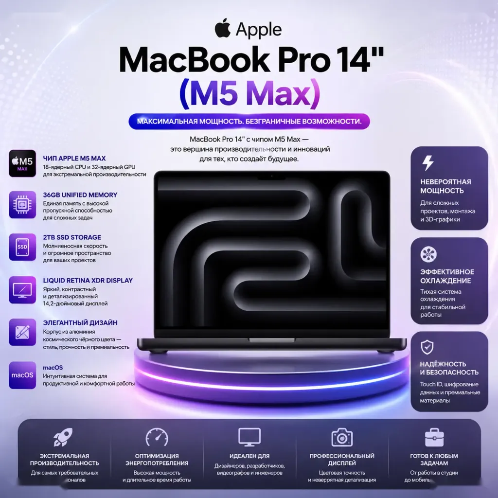 Ноутбук Apple MacBook Pro 14, M5 Max, 36ГБ, 2ТБ SSD, Space Black, MGDU4