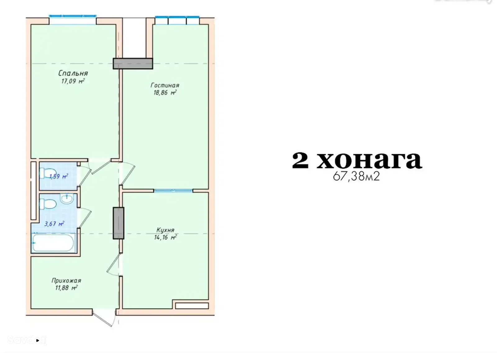 2-комн. квартира, 16 этаж, 67 м², Гуля голд