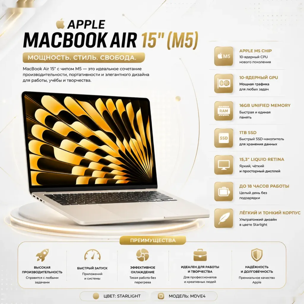 Ноутбук Apple MacBook Air 15, M5, 16ГБ, 1ТБ SSD, Starlight, MDVE4