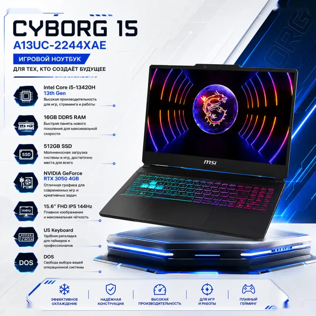 Игровой ноутбук MSI Cyborg 15 A13UC-2244XAE, i5-13420H 16ГБ 512ГБ, RTX3050 4GB