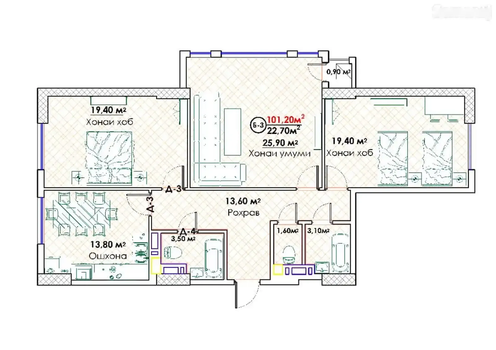 3-комн. квартира, 15 этаж, 101 м², И. Сомони