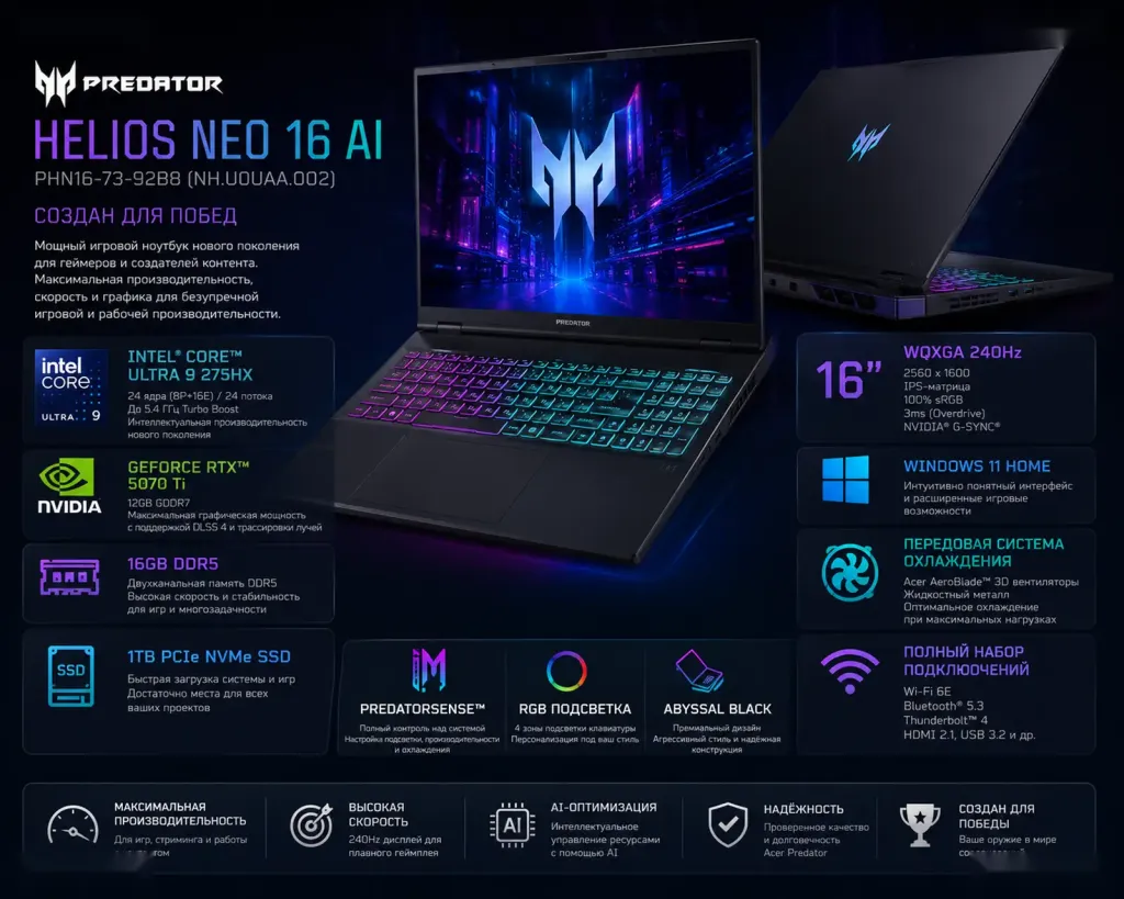 Игровой Ноутбук Acer Predator Helios Neo 16 Ultra 9 16ГБ 1ТБ RTX5070Ti 240Hz