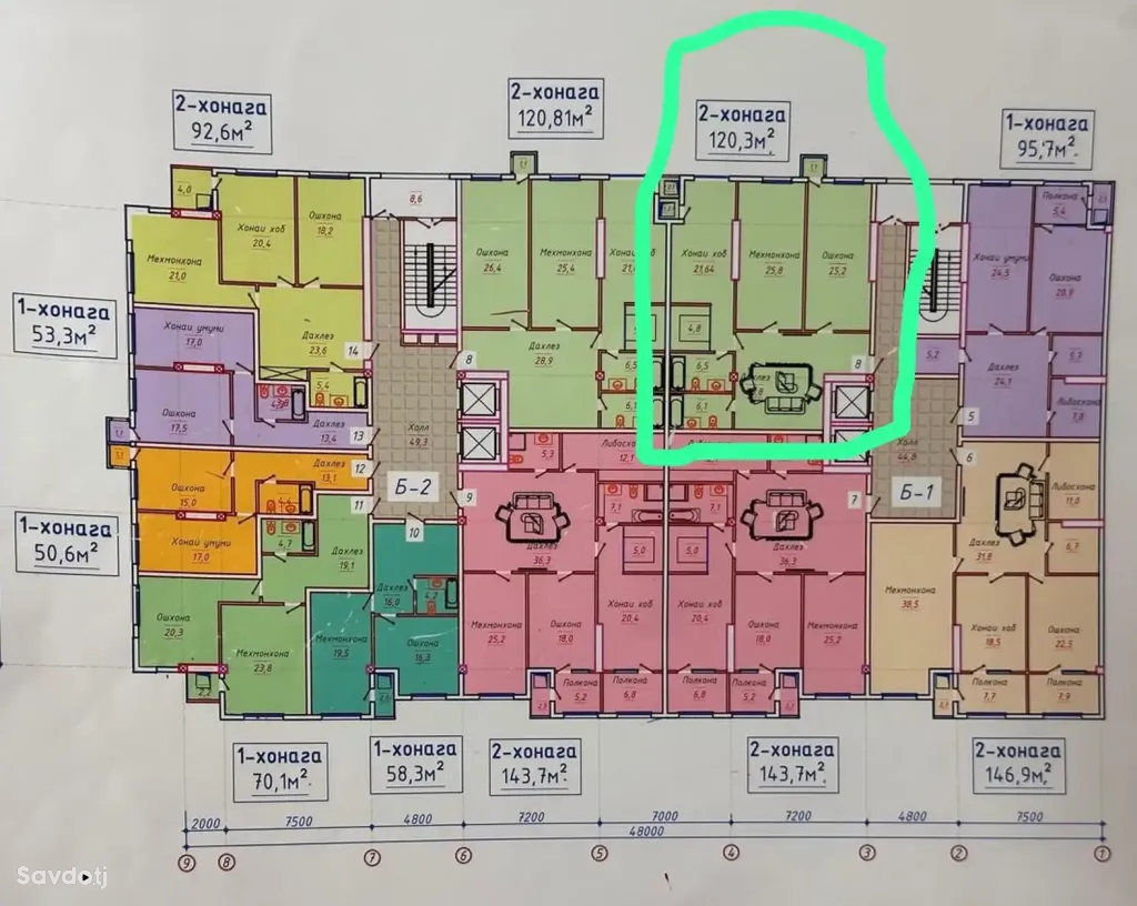 2-комн. квартира, 8 этаж, 120 м², Сзади Опера Балет, Центр, Район Шохмансур