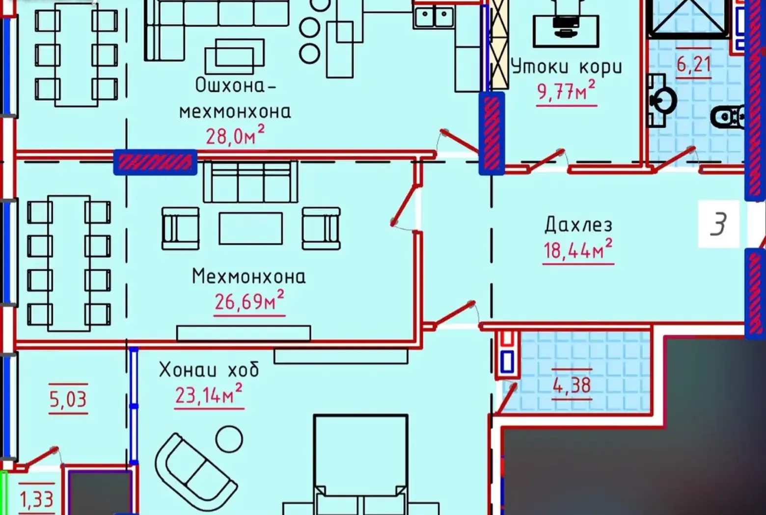2-комн. квартира, 3 этаж, 123 м², 82мкр. ЖК “82 Towers”