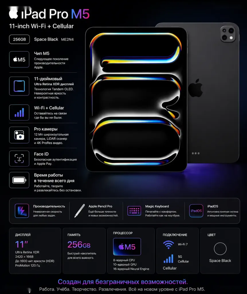 Планшет Apple iPad Pro M5 11, 256ГБ Wi-Fi, Cellular, Space Black, ME2N4