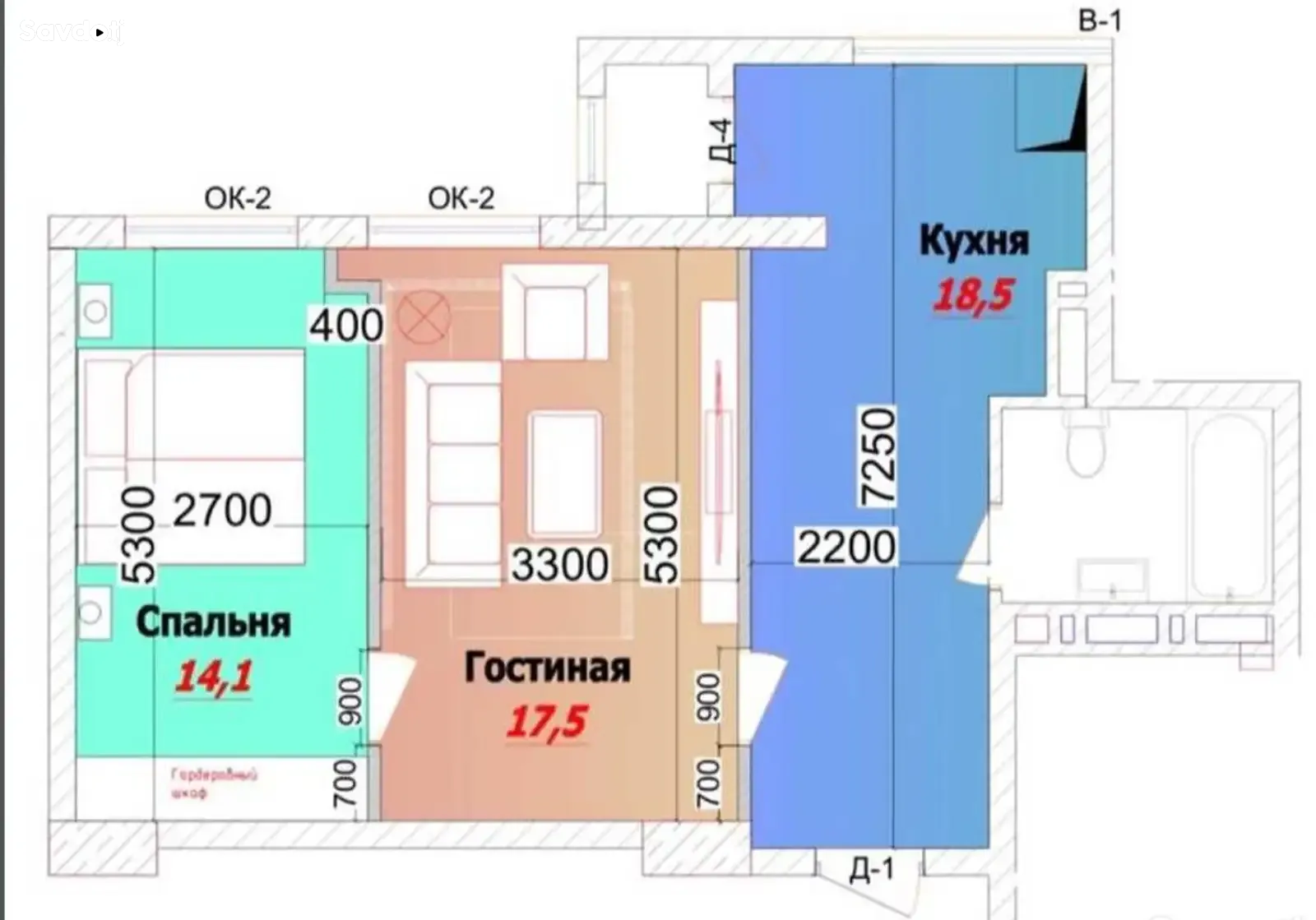 2-комн. квартира, 4 этаж, 56м², Шохмансур