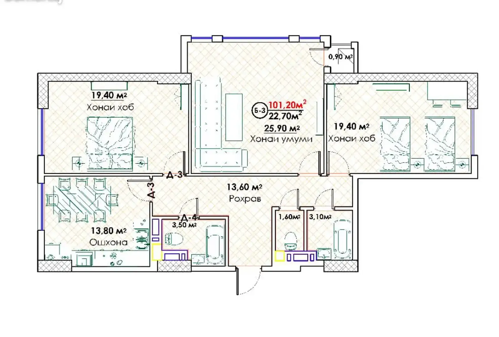 3-комн. квартира, 15 этаж, 101 м², Сомони