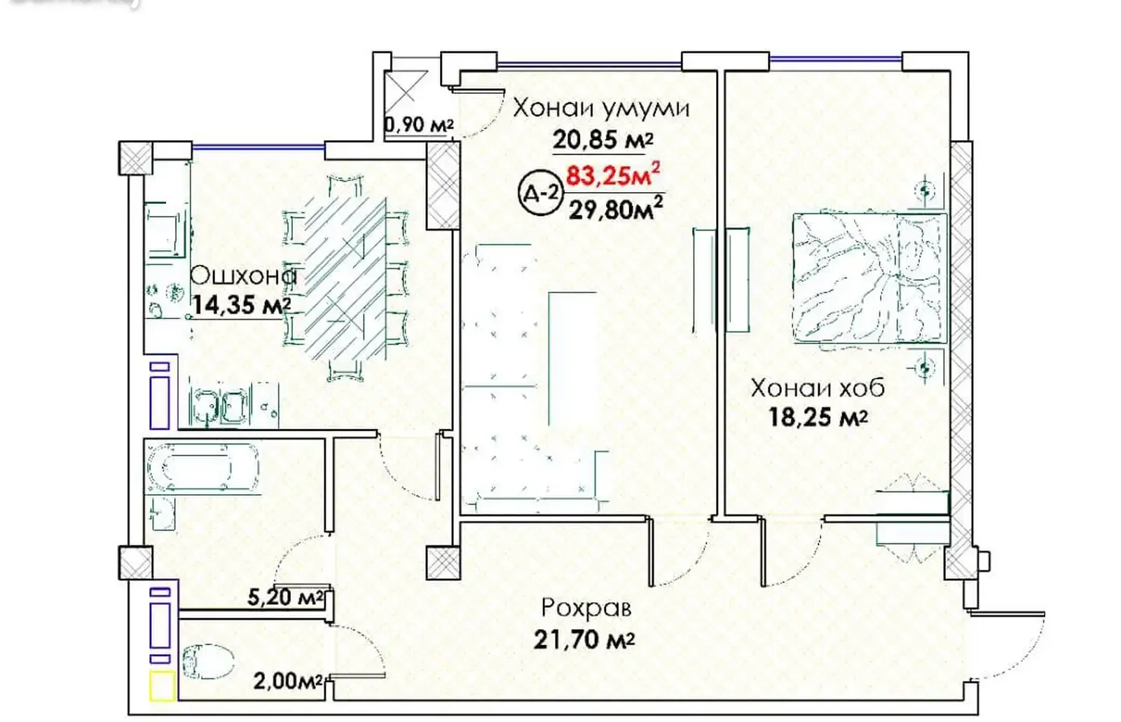 2-комн. квартира, 11 этаж, 83 м², Исмоили Сомони