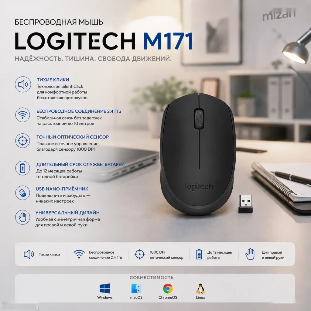 Беспроводная мышь Logitech M171 Wireless Mouse 1000 DPI Black