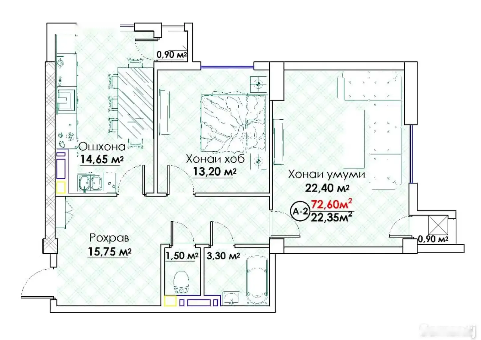 2-комн. квартира, 8 этаж, 73 м², И. Сомони