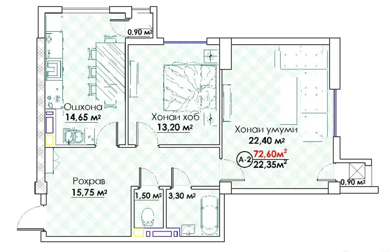 2-комн. квартира, 8 этаж, 73 м², Исмоили Сомони Спартак