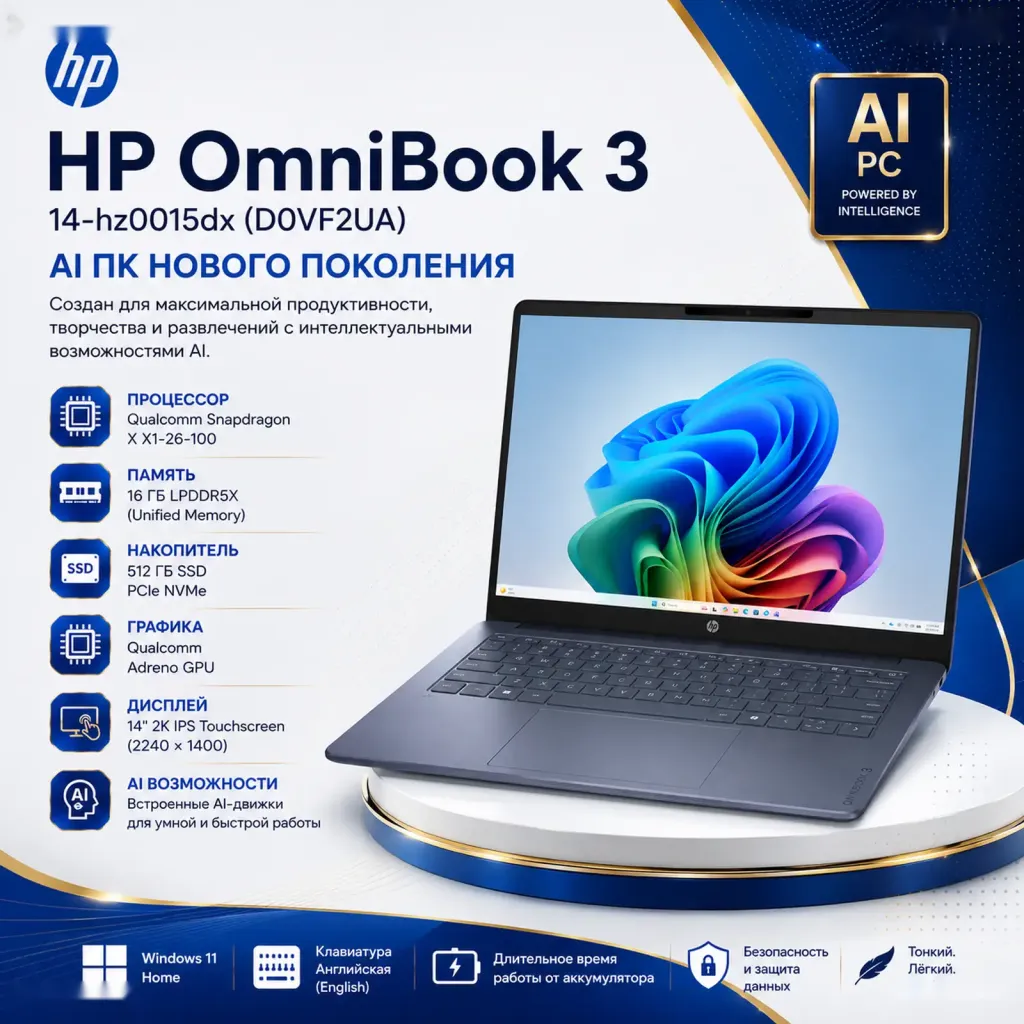 Ноутбук HP OmniBook 3 14-hz0015dx, 14 Snapdragon X 16ГБ 512ГБ SSD 2K Touch Win11
