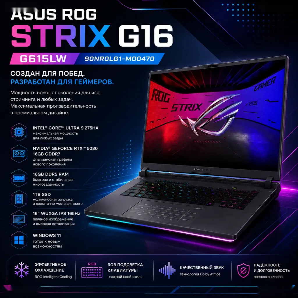 Игровой ноутбук ASUS ROG Strix G16 Ultra 9 16ГБ 1ТБ RTX5080, 90NR0LG1-M00470