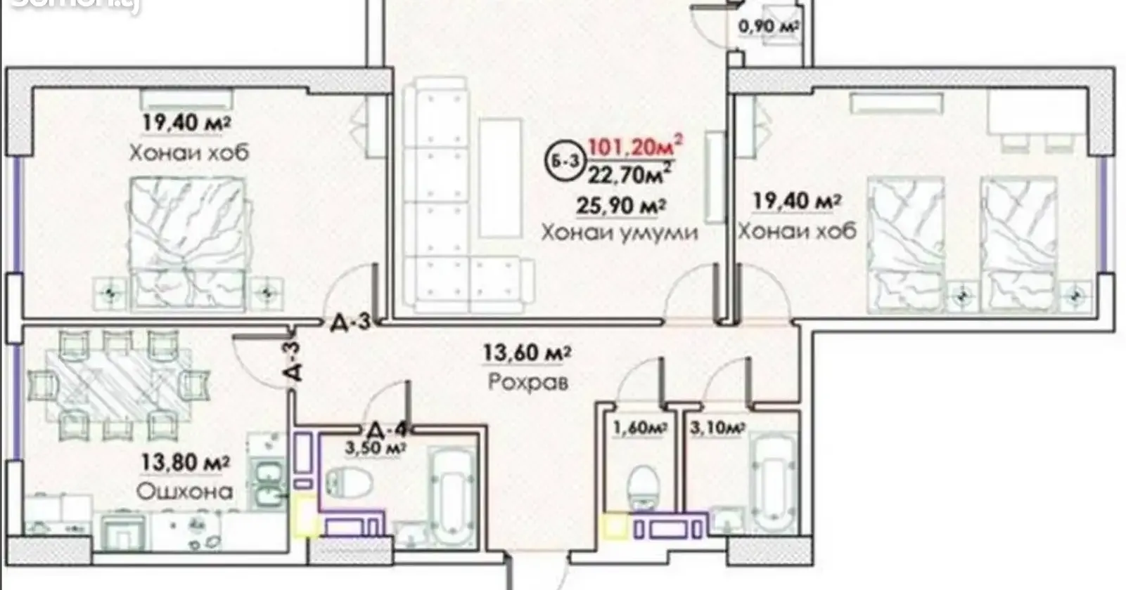 3-комн. квартира, 10 этаж, 101 м², Сомони