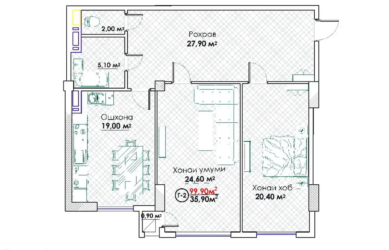 2-комн. квартира, 5 этаж, 100 м², Сомони