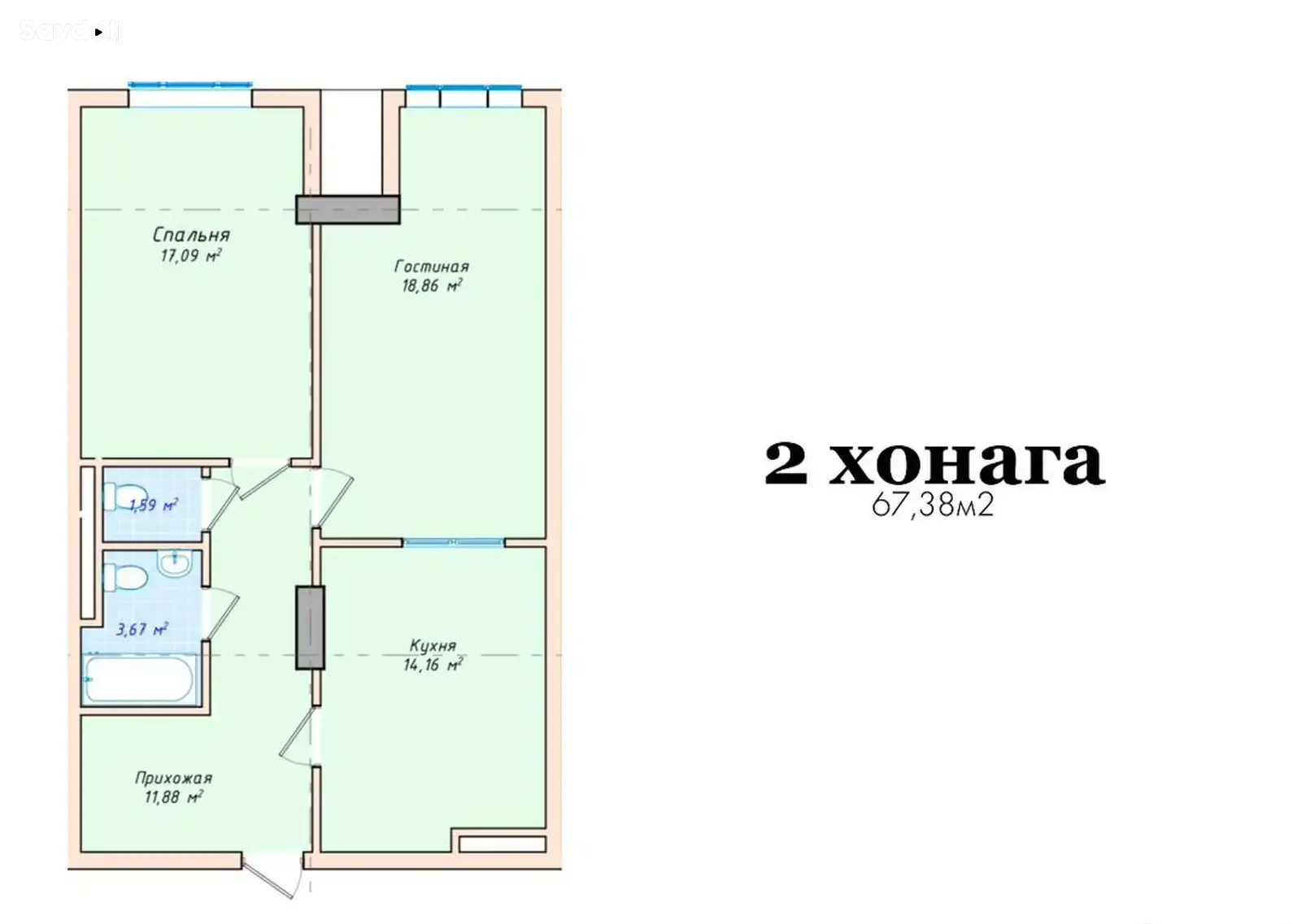 2-комн. квартира, 16 этаж, 67 м², Садбарг
