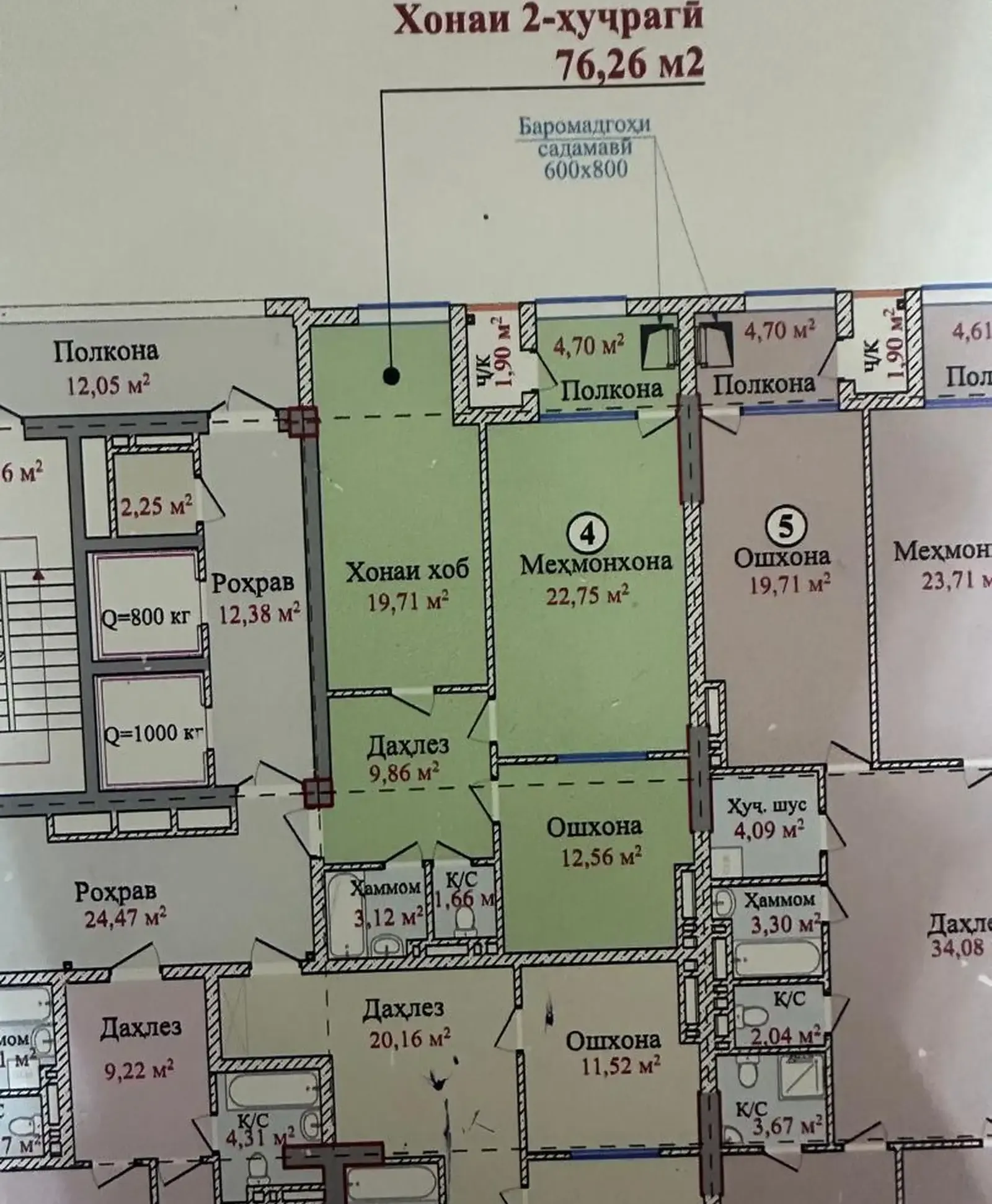 2-комн. квартира, 4 этаж, 76 м², Исмоили Сомони, Сельхозинститут