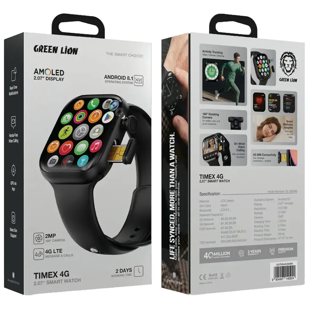 Умные часы Green Lion TIMEX 4G 2.07" Smart Watch, черный