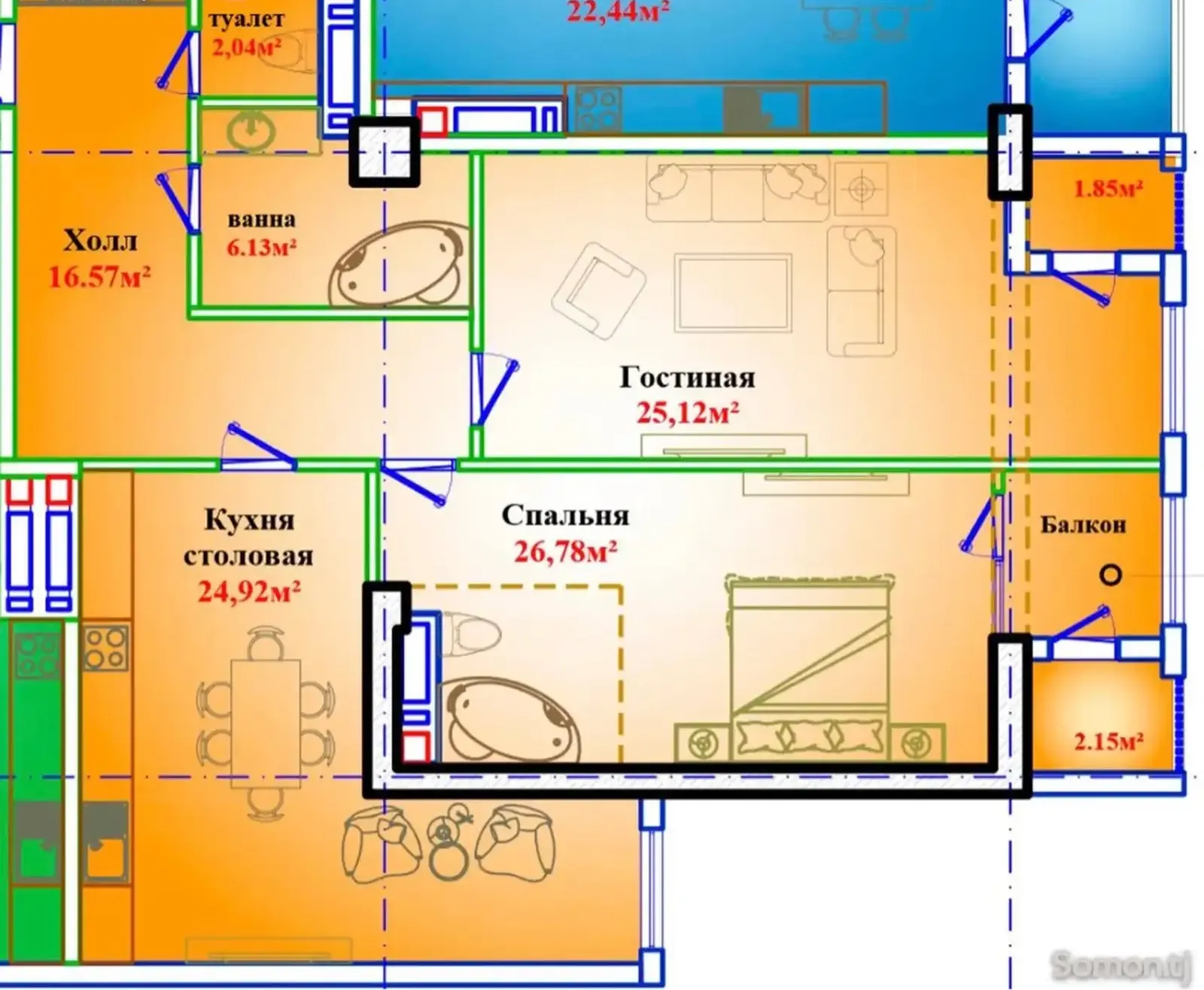 2-комн. квартира, 8 этаж, 105 м², Исмоили Сомони
