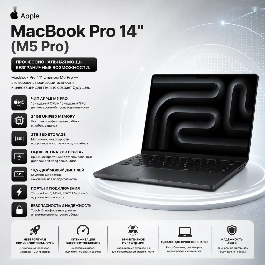 Ноутбук Apple MacBook Pro 14, M5 Pro 24ГБ 2ТБ SSD Space Black, MJLW4