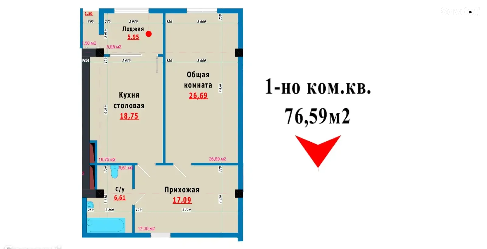 1-комн. квартира, 5 этаж, 76 м², Корвон