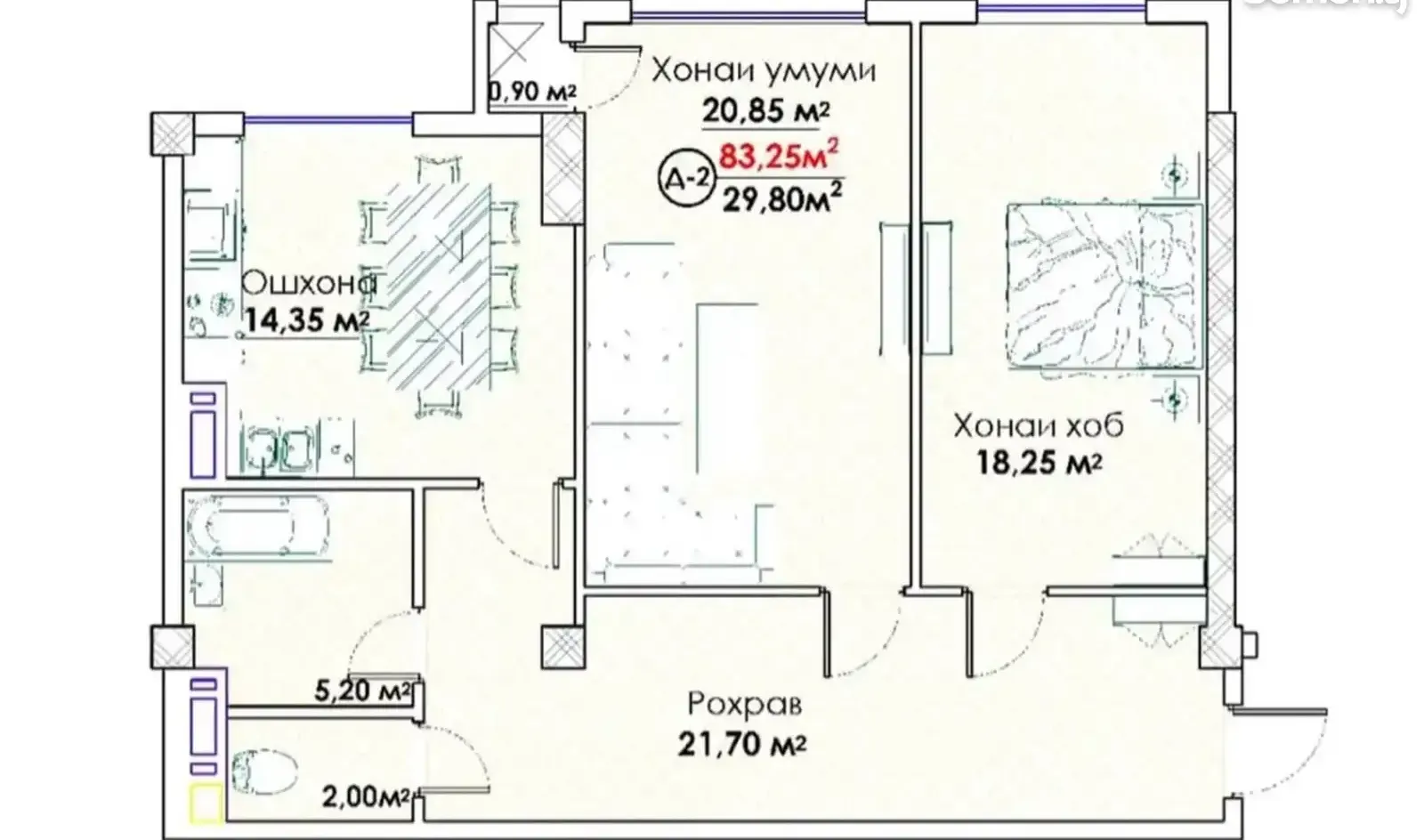 2-комн. квартира, 11 этаж, 85 м², И Сомони