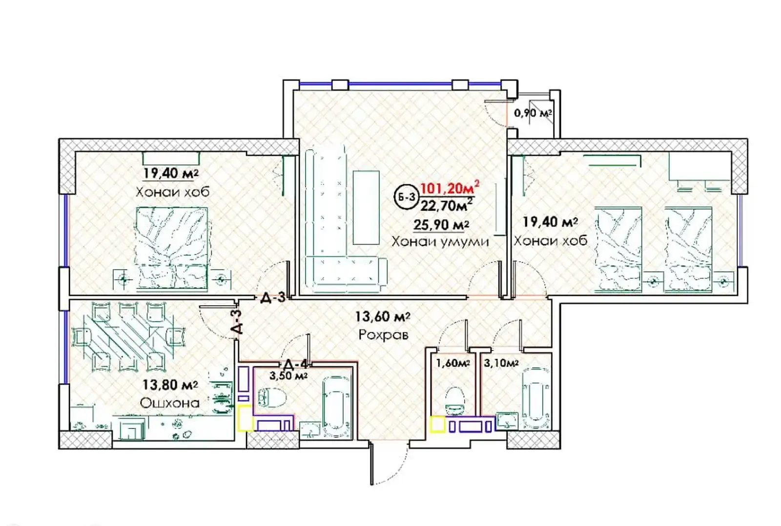 3-комн. квартира, 15 этаж, 101 м², Исмоили Сомони, Спартак, Кольцевой Пивзавод