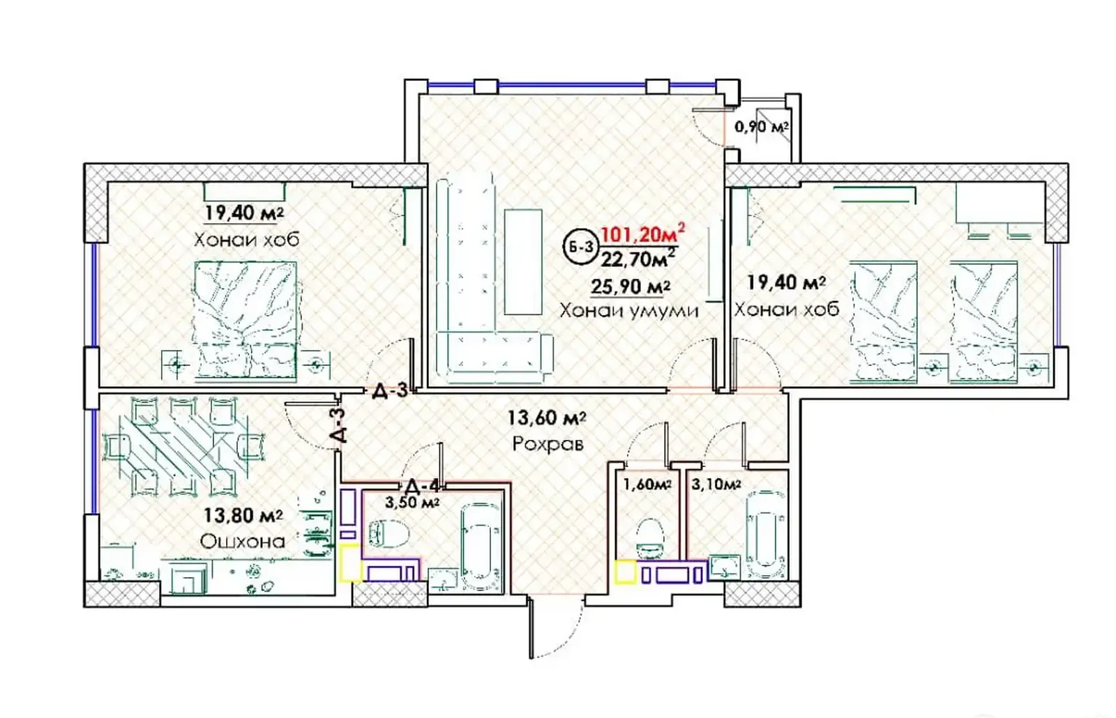 3-комн. квартира, 8 этаж, 101 м², Исмоили Сомони Спартак