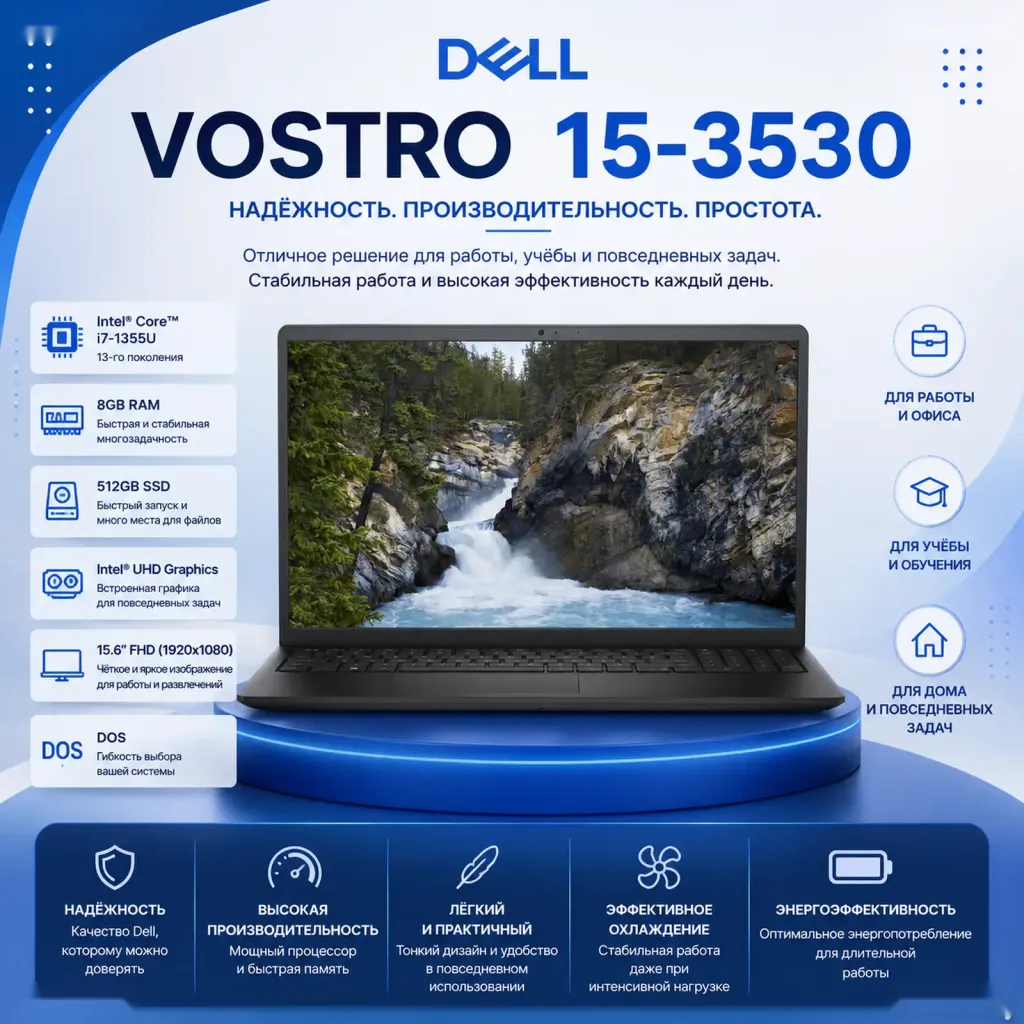 Ноутбук Dell Vostro 15-3530 PKHBHH, i7-1355U, 8GB, 512GB, FHD DOS