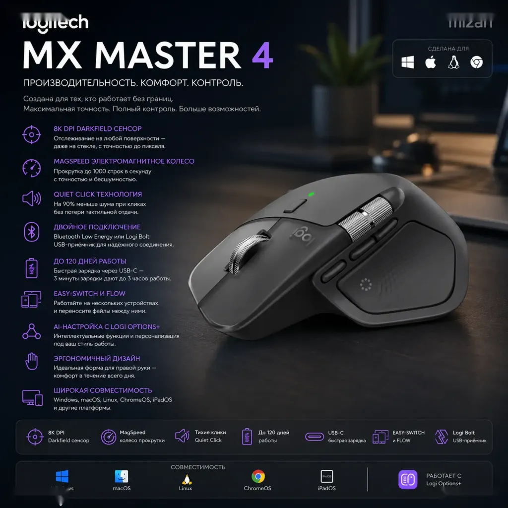 Беспроводная мышь Logitech MX Master 4 Performance Mouse 8K DPI Graphite